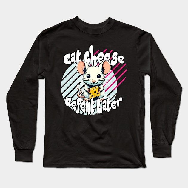 Eat Cheese, Repent Later: Whimsical Mouse in Yellow and Blue Long Sleeve T-Shirt by PopArtyParty